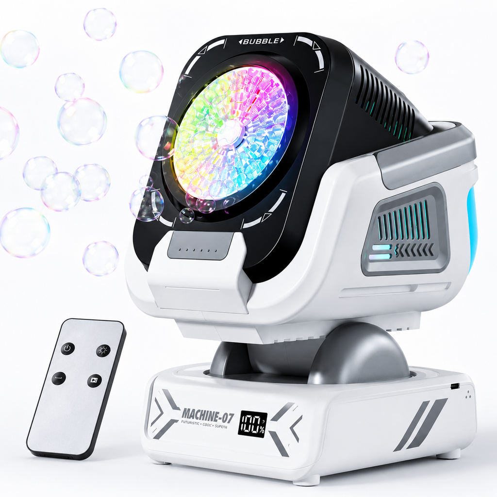 Seifenblasenmaschine mit Fernbedienung, RGB-Licht & automatischer Drehung – Wiederaufladbar🫧