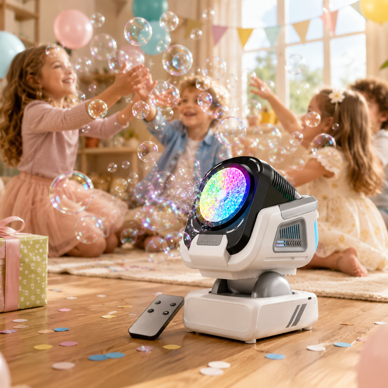 Seifenblasenmaschine mit Fernbedienung, RGB-Licht & automatischer Drehung – Wiederaufladbar🫧
