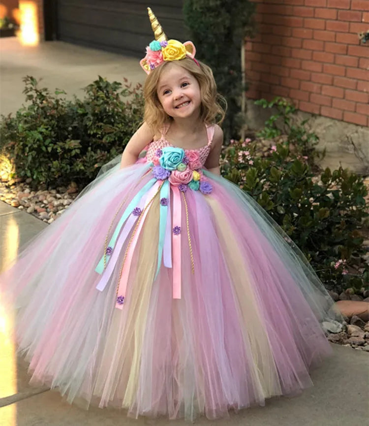 Mädchen Einhorn Tutu-Kleid – Pastell Tüll mit Häkeldetails & Haarschleife (6M–12J)