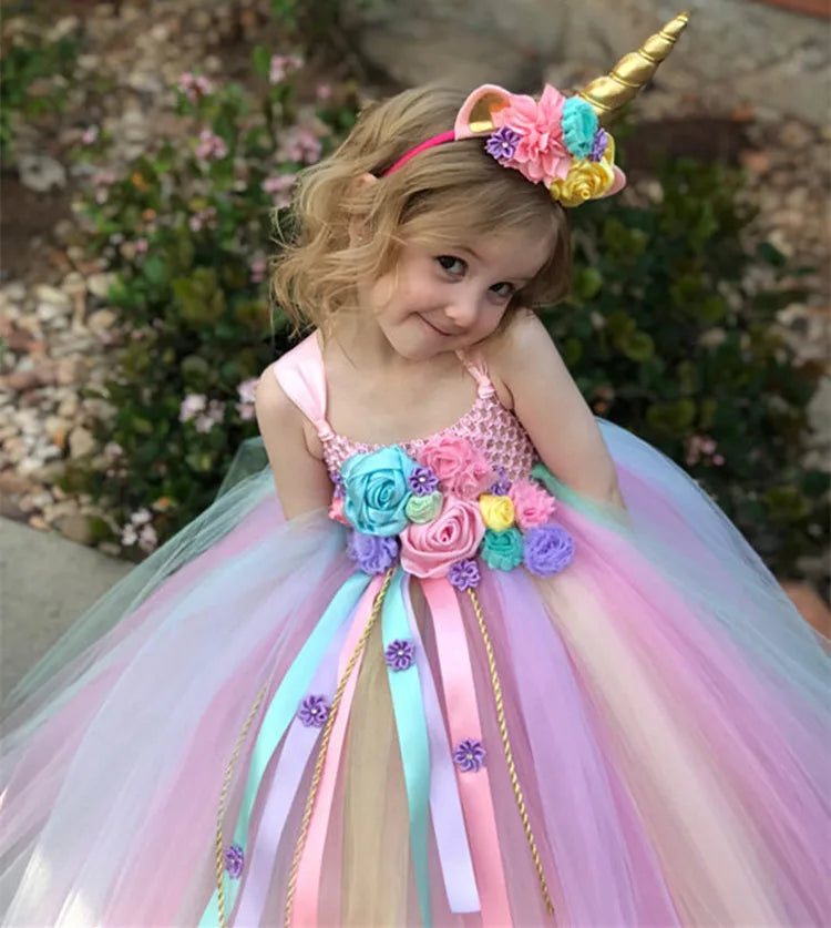 Mädchen Einhorn Tutu-Kleid – Pastell Tüll mit Häkeldetails & Haarschleife (6M–12J)