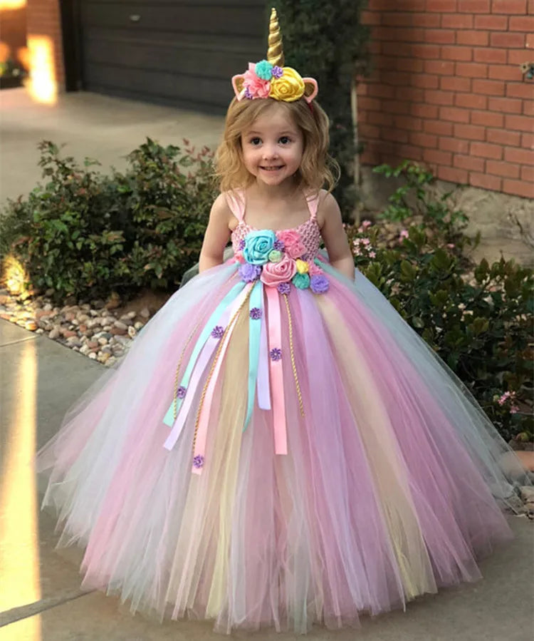 Mädchen Einhorn Tutu-Kleid – Pastell Tüll mit Häkeldetails & Haarschleife (6M–12J)