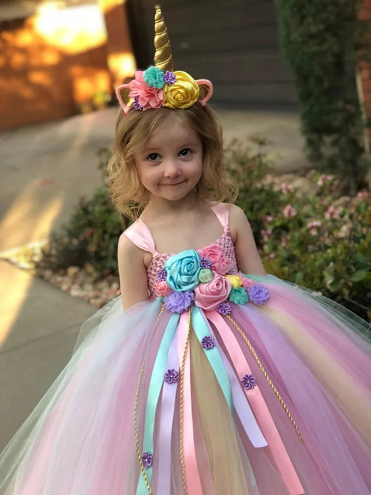 Mädchen Einhorn Tutu-Kleid – Pastell Tüll mit Häkeldetails & Haarschleife (6M–12J)