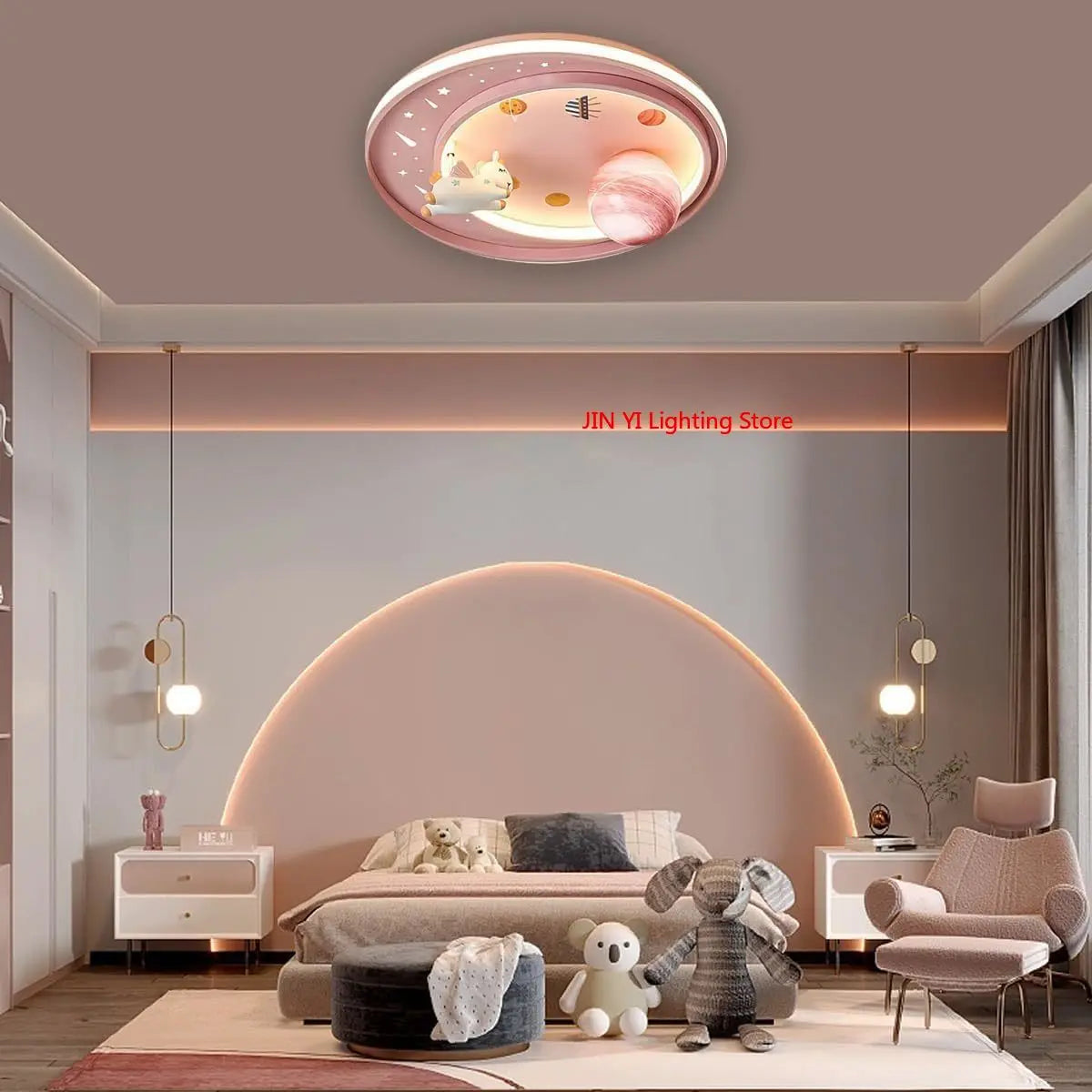 Rosa LED Kinderzimmer-Deckenlampe – Dimmbar mit Fernbedienung im Cartoon-Design
