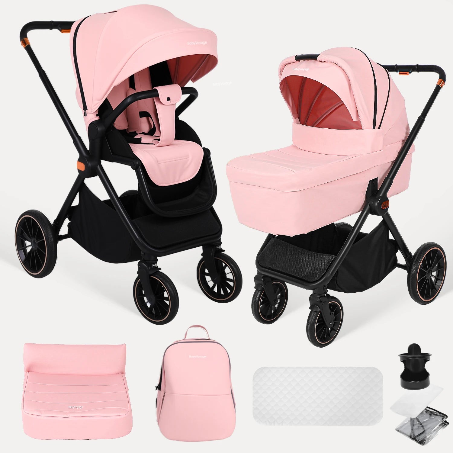 BabyVoyage Kinderwagen-Reisesystem in Rosa/Grau – Mit Autositz, Babywanne & 1-Klick-Faltung (0–3 Jahre)