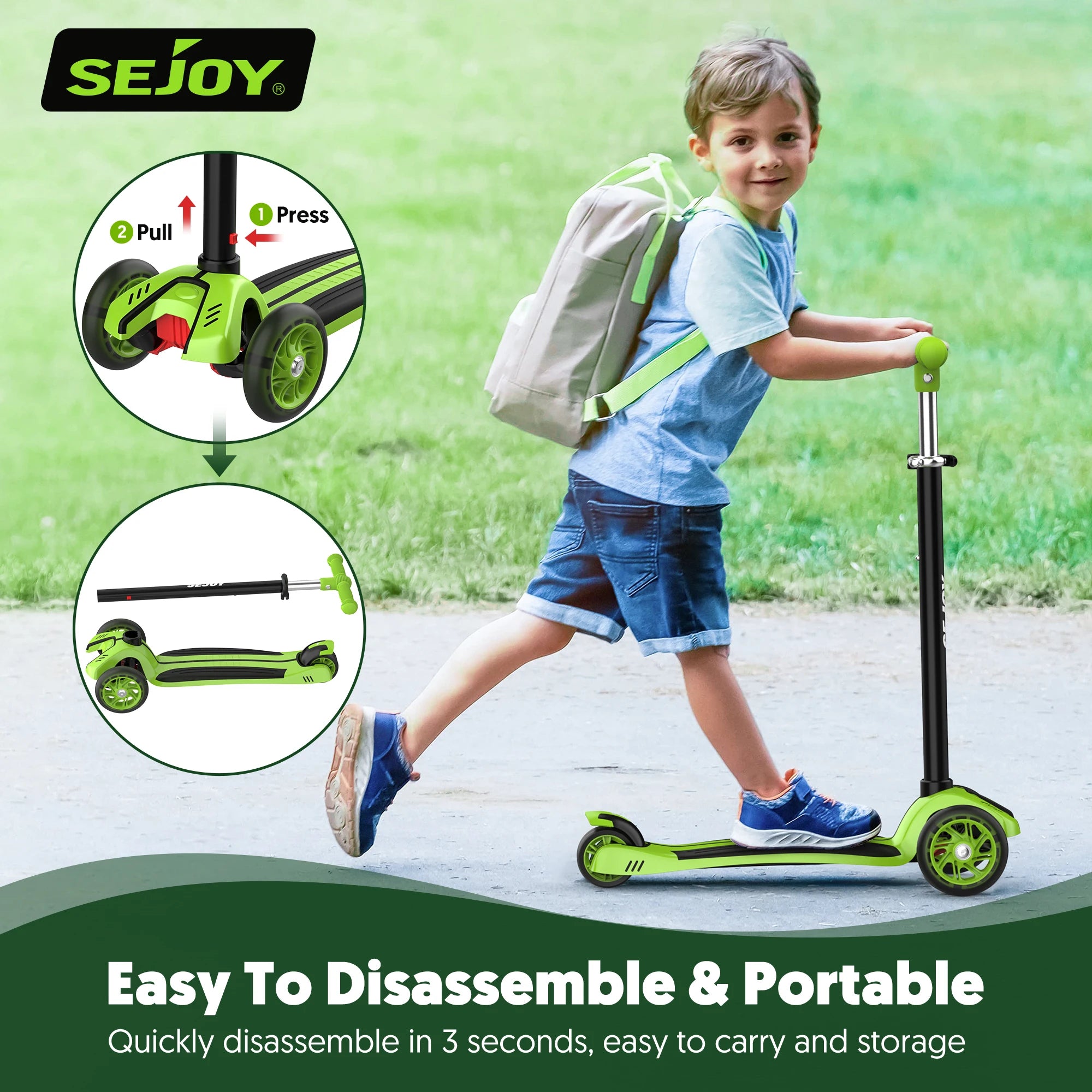 SEJOY 3-Rad-Kinderroller klappbar – Mit LED-Leuchträdern & höhenverstellbarem Lenker (3–12 Jahre)