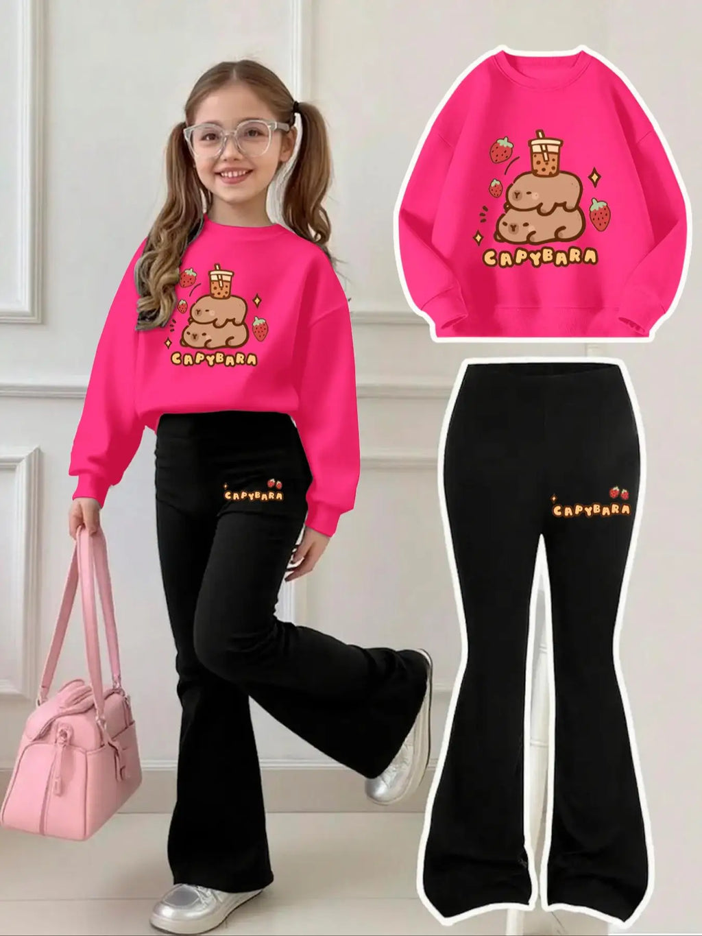 Mädchen 2-teiliges Outfit – Sweatshirt & ausgestellte Hose mit Capybara- und Erdbeer-Print