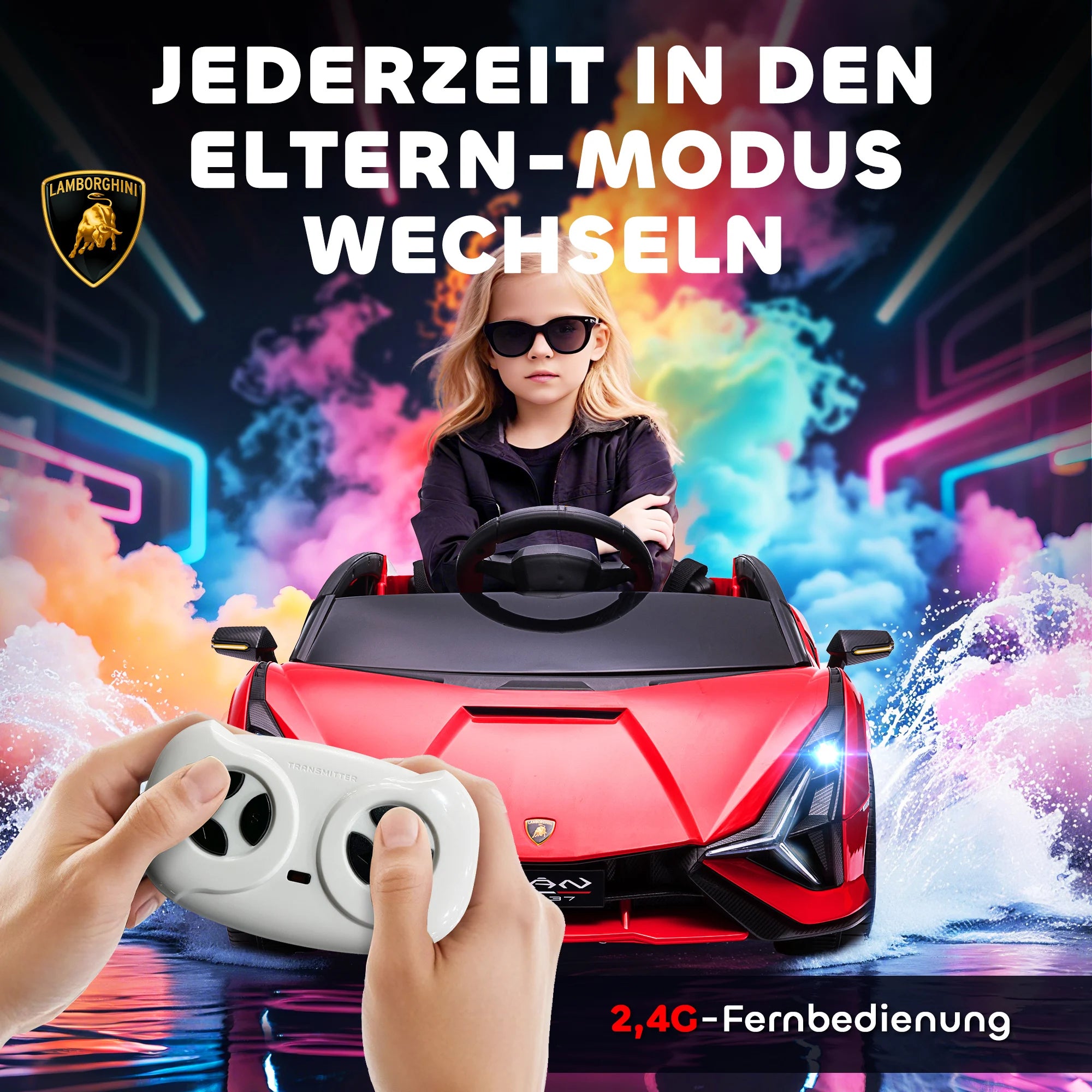 Kinder Elektroauto 12V – Rot, 2,4G-Fernbedienung, LED, Musik & Sicherheitsgurt (3–5 Jahre)