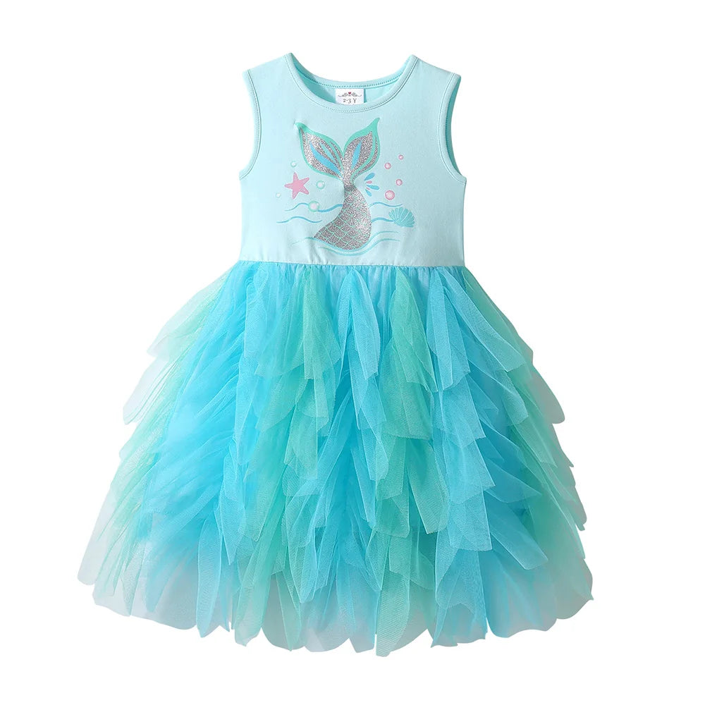 Mädchen Sommerkleid – Meerjungfrau-Print, mehrlagiges Tutu-Ballkleid (4–12 Jahre)