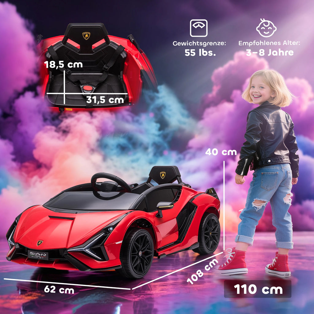 Kinder Elektroauto 12V – Rot, 2,4G-Fernbedienung, LED, Musik & Sicherheitsgurt (3–5 Jahre)