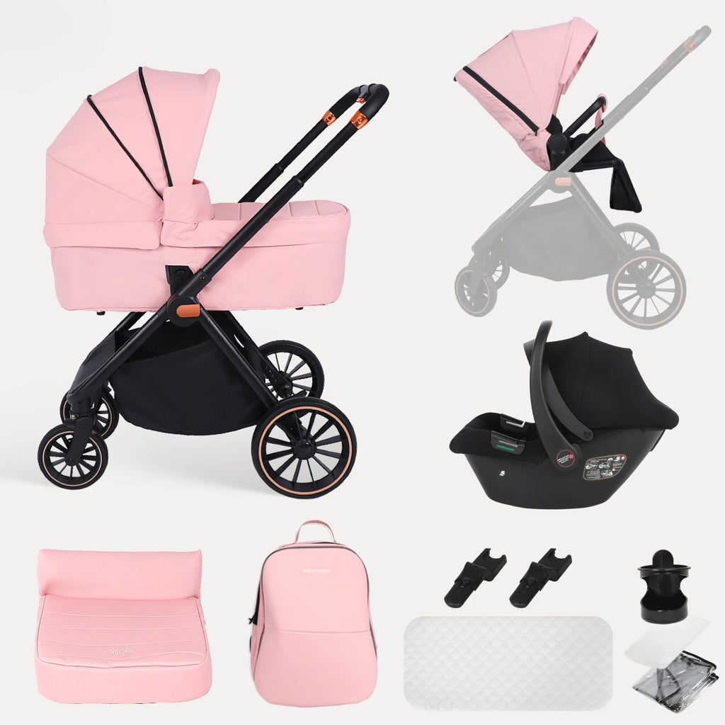 BabyVoyage Kinderwagen-Reisesystem in Rosa/Grau – Mit Autositz, Babywanne & 1-Klick-Faltung (0–3 Jahre)