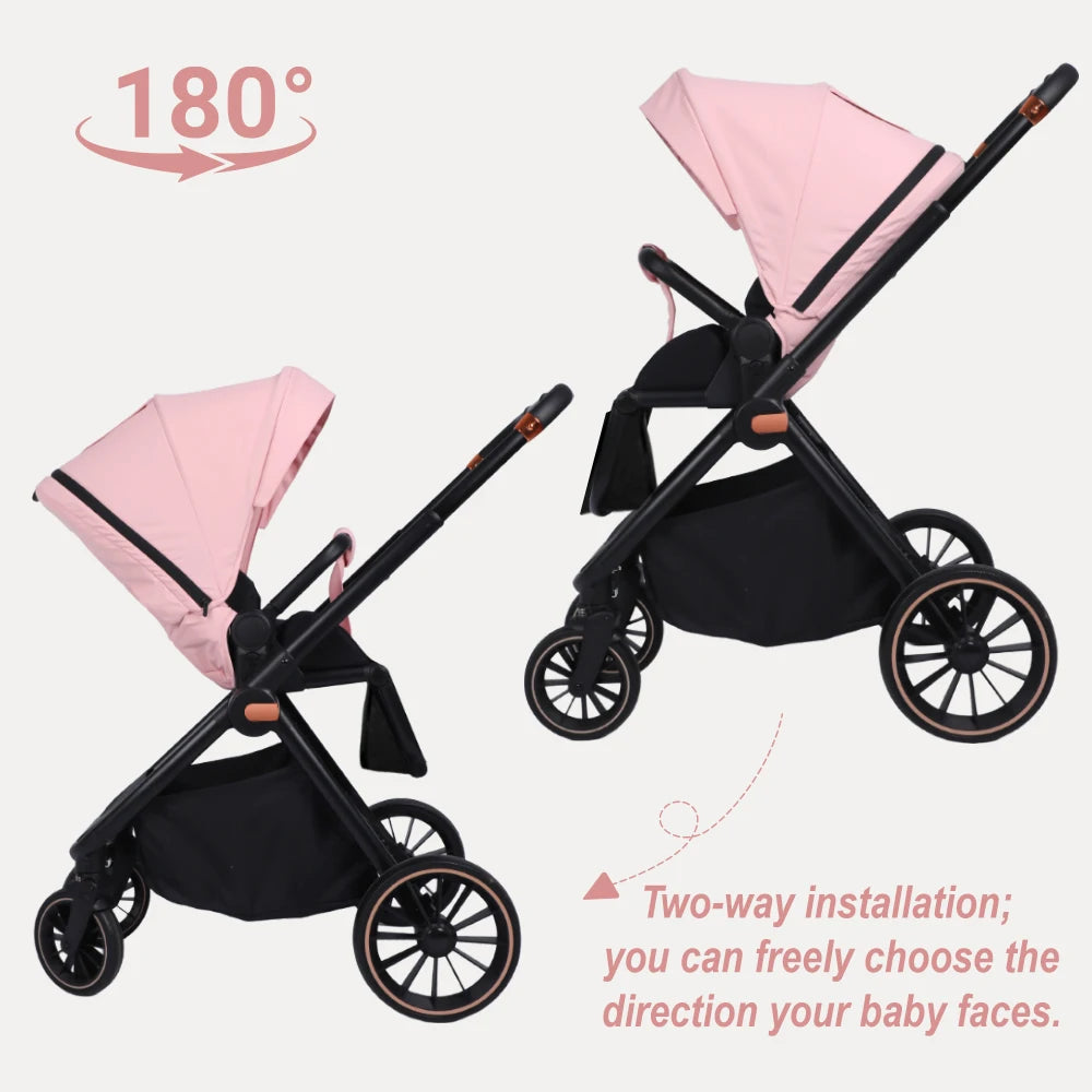 BabyVoyage Kinderwagen-Reisesystem in Rosa/Grau – Mit Autositz, Babywanne & 1-Klick-Faltung (0–3 Jahre)