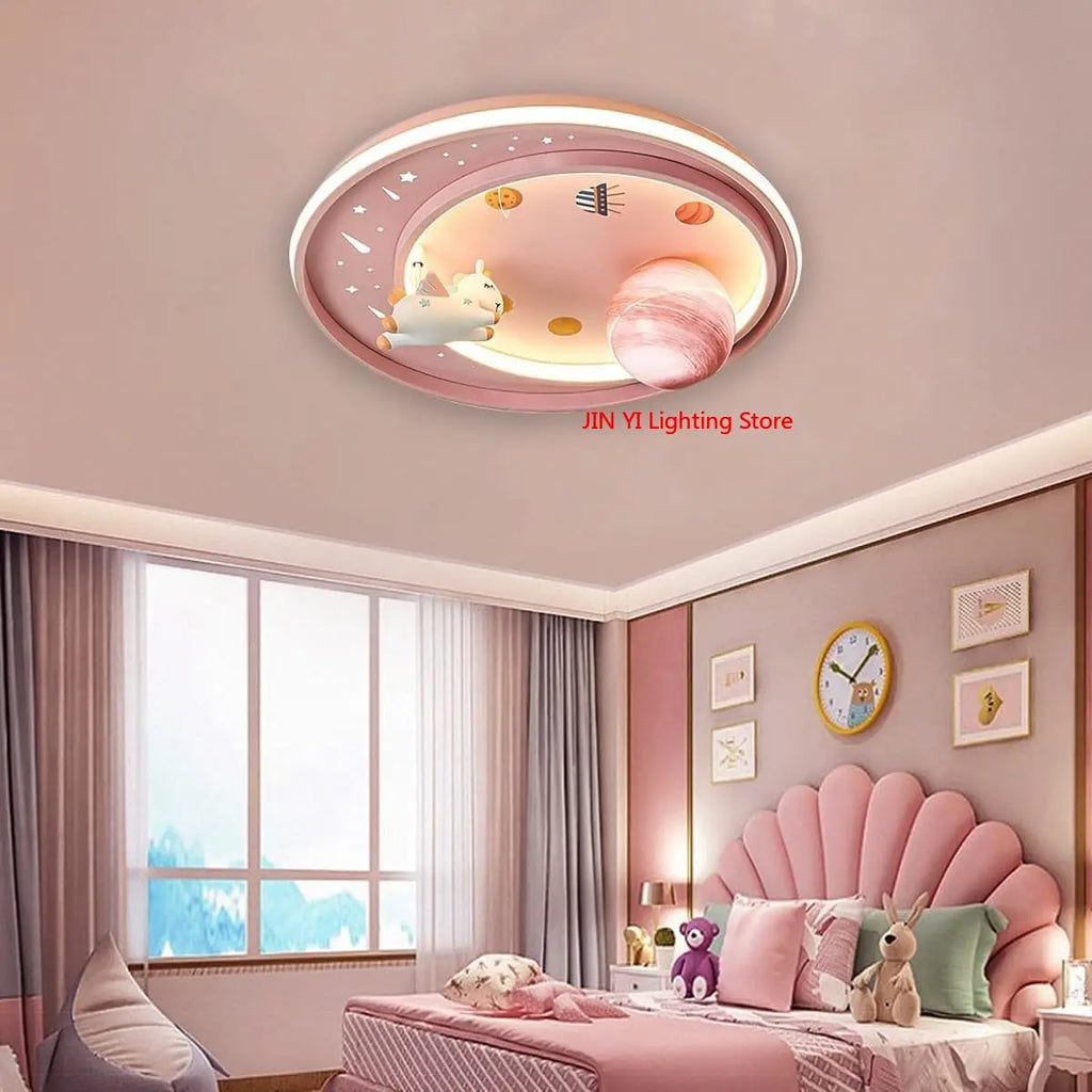 Rosa LED Kinderzimmer-Deckenlampe – Dimmbar mit Fernbedienung im Cartoon-Design