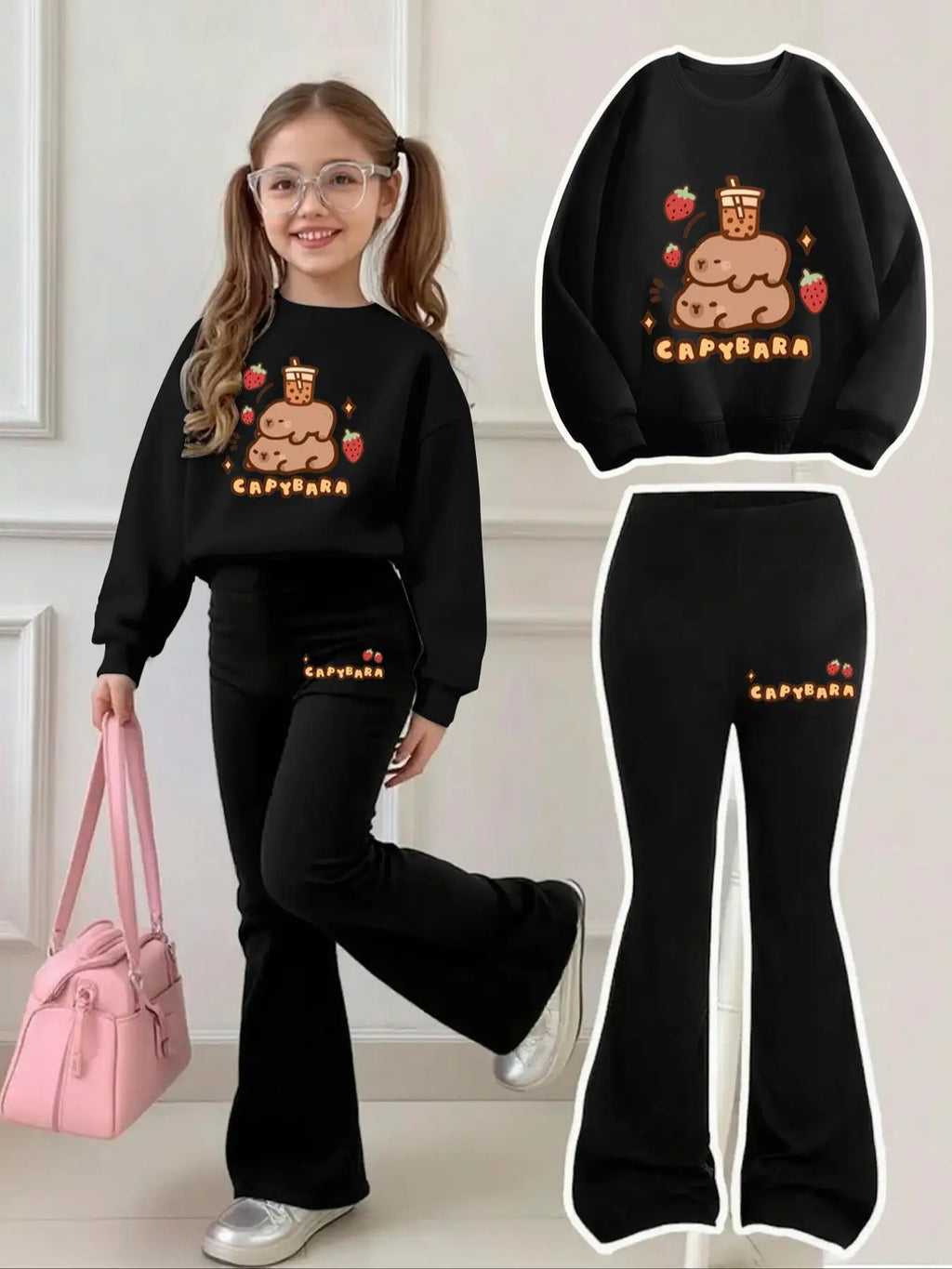 Mädchen 2-teiliges Outfit – Sweatshirt & ausgestellte Hose mit Capybara- und Erdbeer-Print