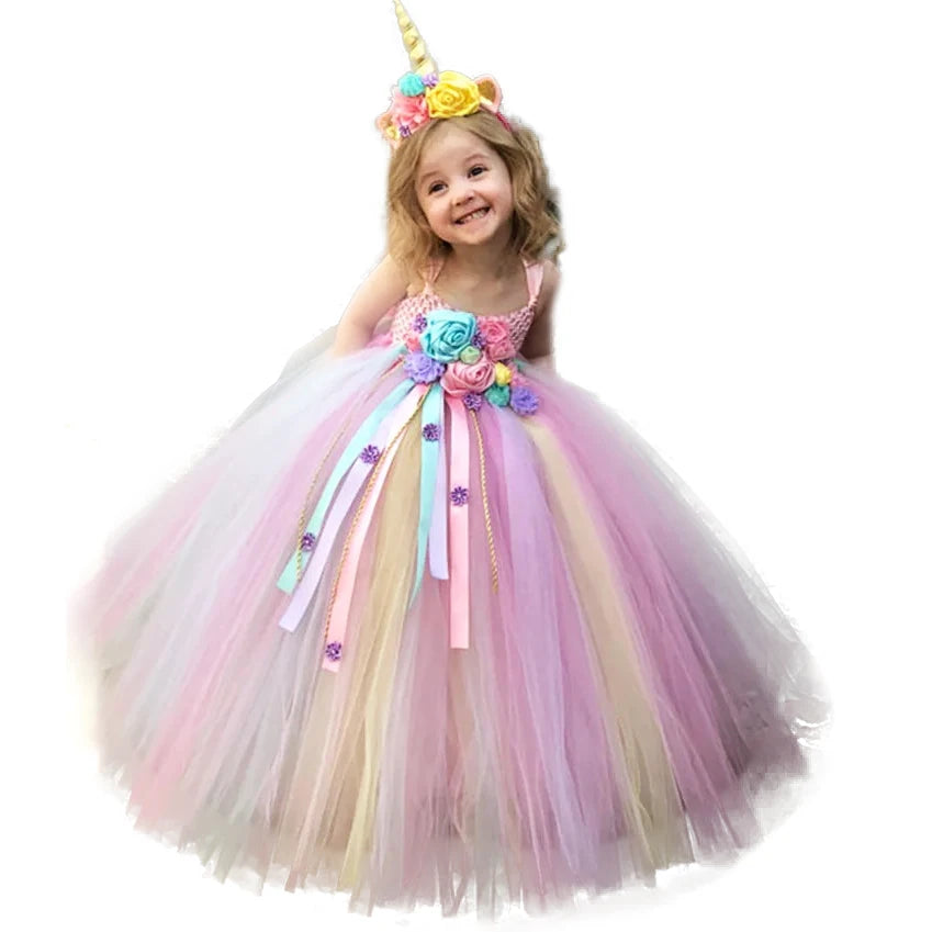 Mädchen Einhorn Tutu-Kleid – Pastell Tüll mit Häkeldetails & Haarschleife (6M–12J)