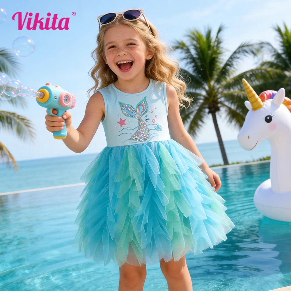 Mädchen Sommerkleid – Meerjungfrau-Print, mehrlagiges Tutu-Ballkleid (4–12 Jahre)