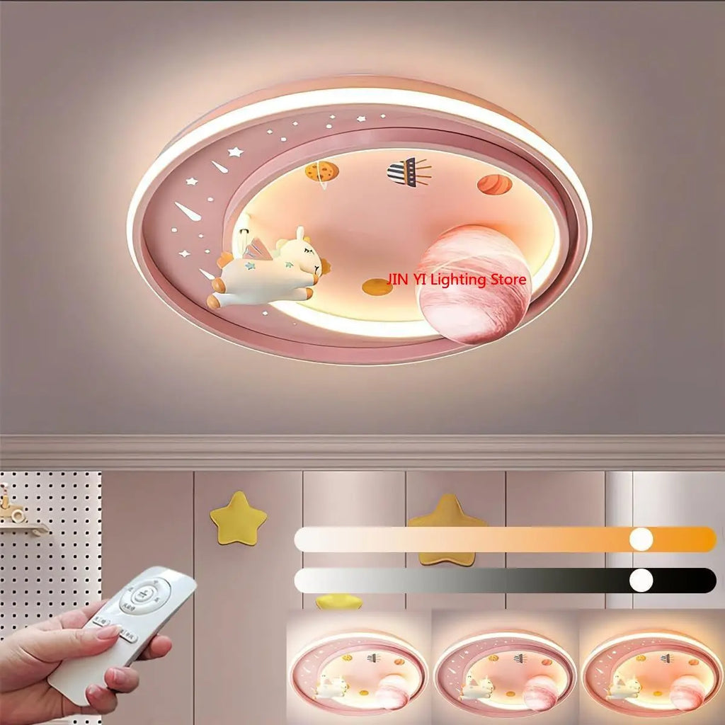 Rosa LED Kinderzimmer-Deckenlampe – Dimmbar mit Fernbedienung im Cartoon-Design