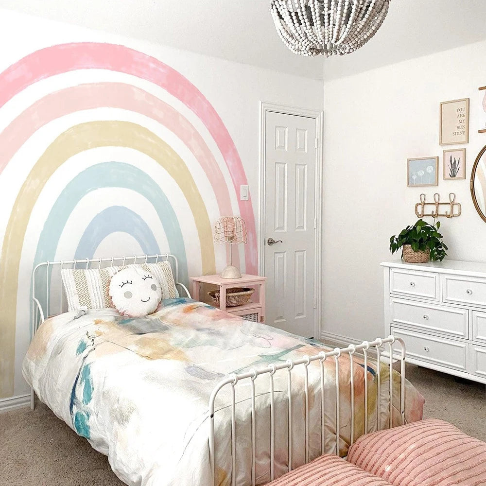 Großer Aquarell-Regenbogen Wandaufkleber – Selbstklebende Kinderzimmer-Deko aus Stoff
