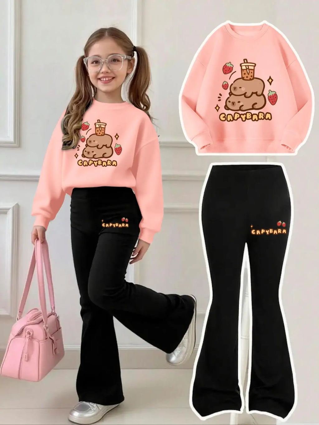 Mädchen 2-teiliges Outfit – Sweatshirt & ausgestellte Hose mit Capybara- und Erdbeer-Print