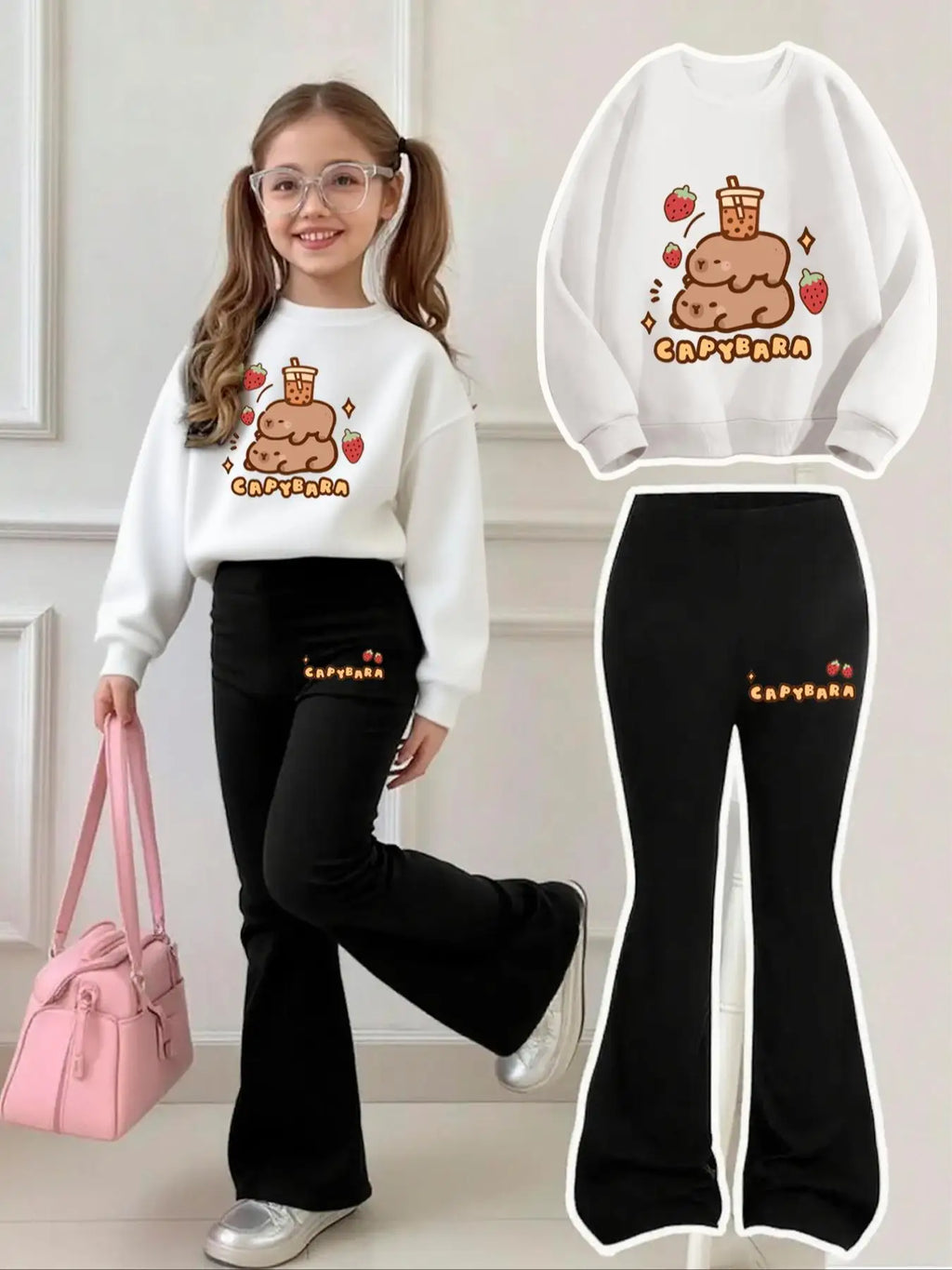 Mädchen 2-teiliges Outfit – Sweatshirt & ausgestellte Hose mit Capybara- und Erdbeer-Print