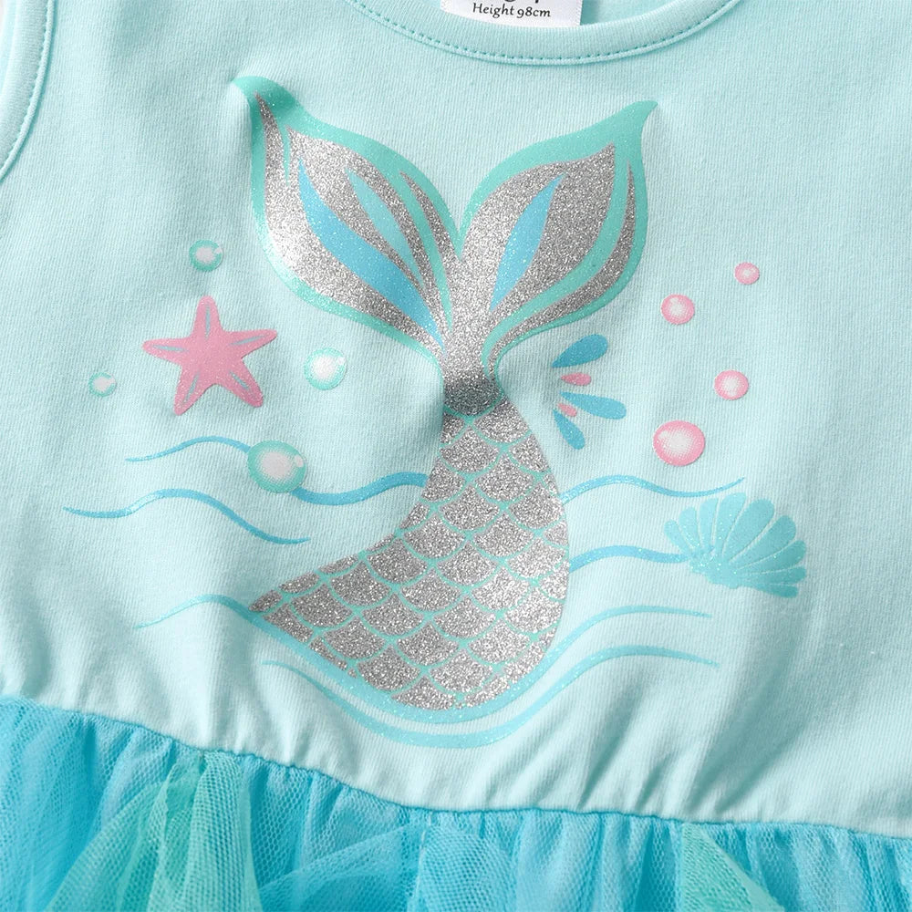 Mädchen Sommerkleid – Meerjungfrau-Print, mehrlagiges Tutu-Ballkleid (4–12 Jahre)