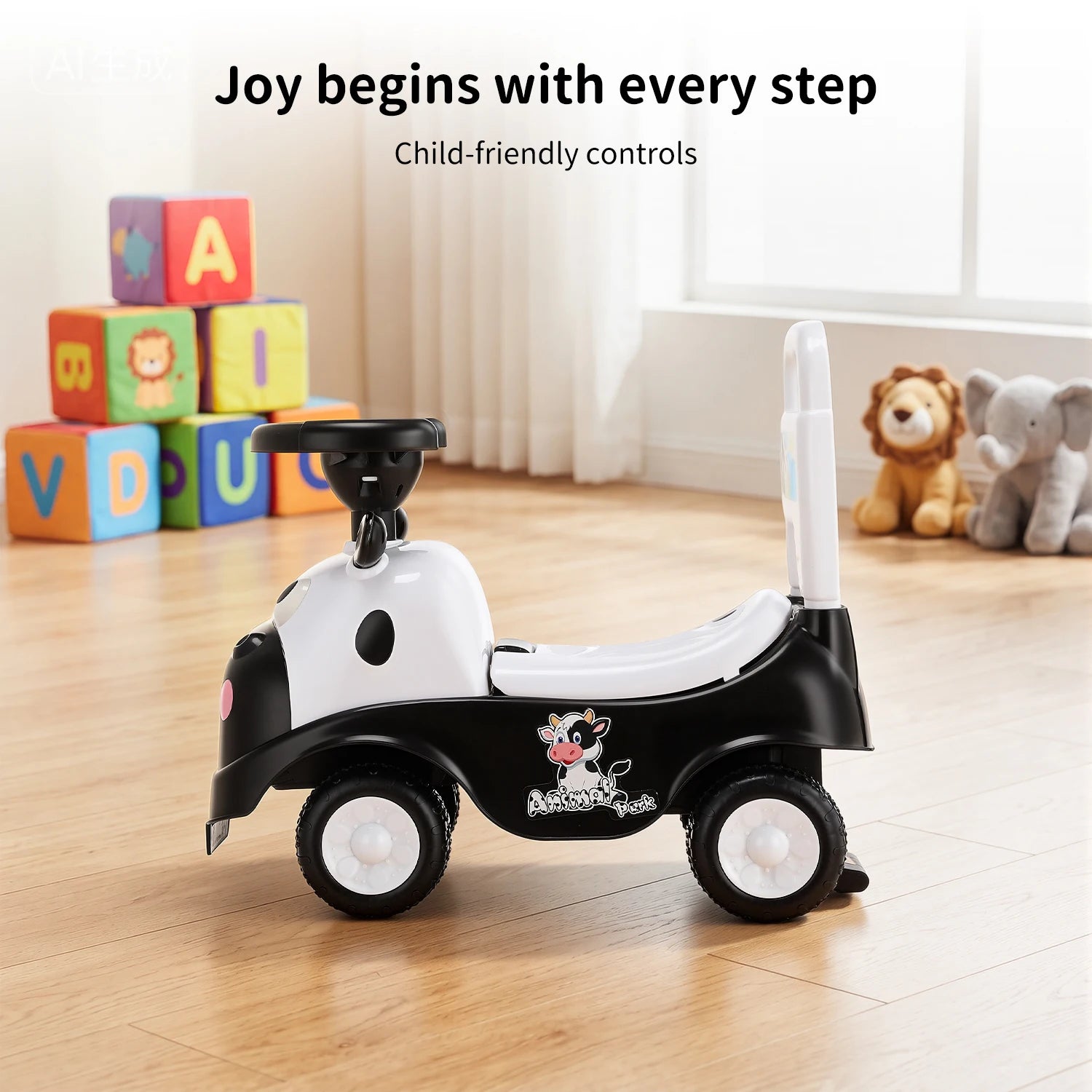 Kinderroller in Kuh-Design mit Staufach
