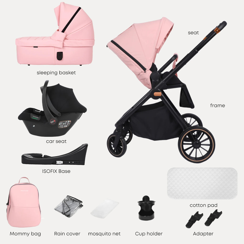 BabyVoyage Kinderwagen-Reisesystem in Rosa/Grau – Mit Autositz, Babywanne & 1-Klick-Faltung (0–3 Jahre)