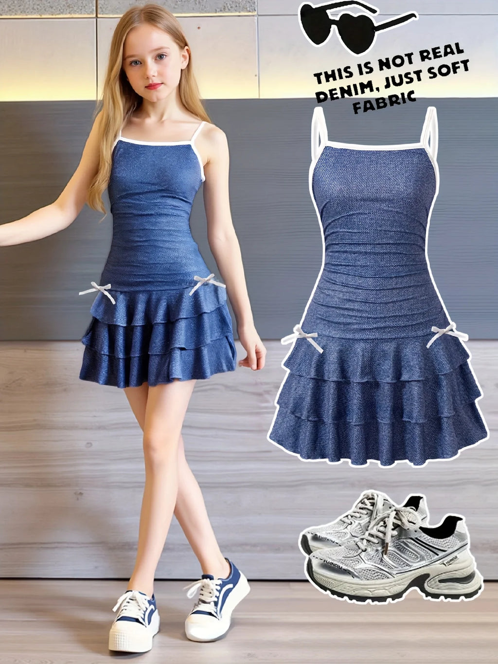 Mädchen Trägerkleid in Jeans-Optik – mit weißem Besatz & Schleifendetail